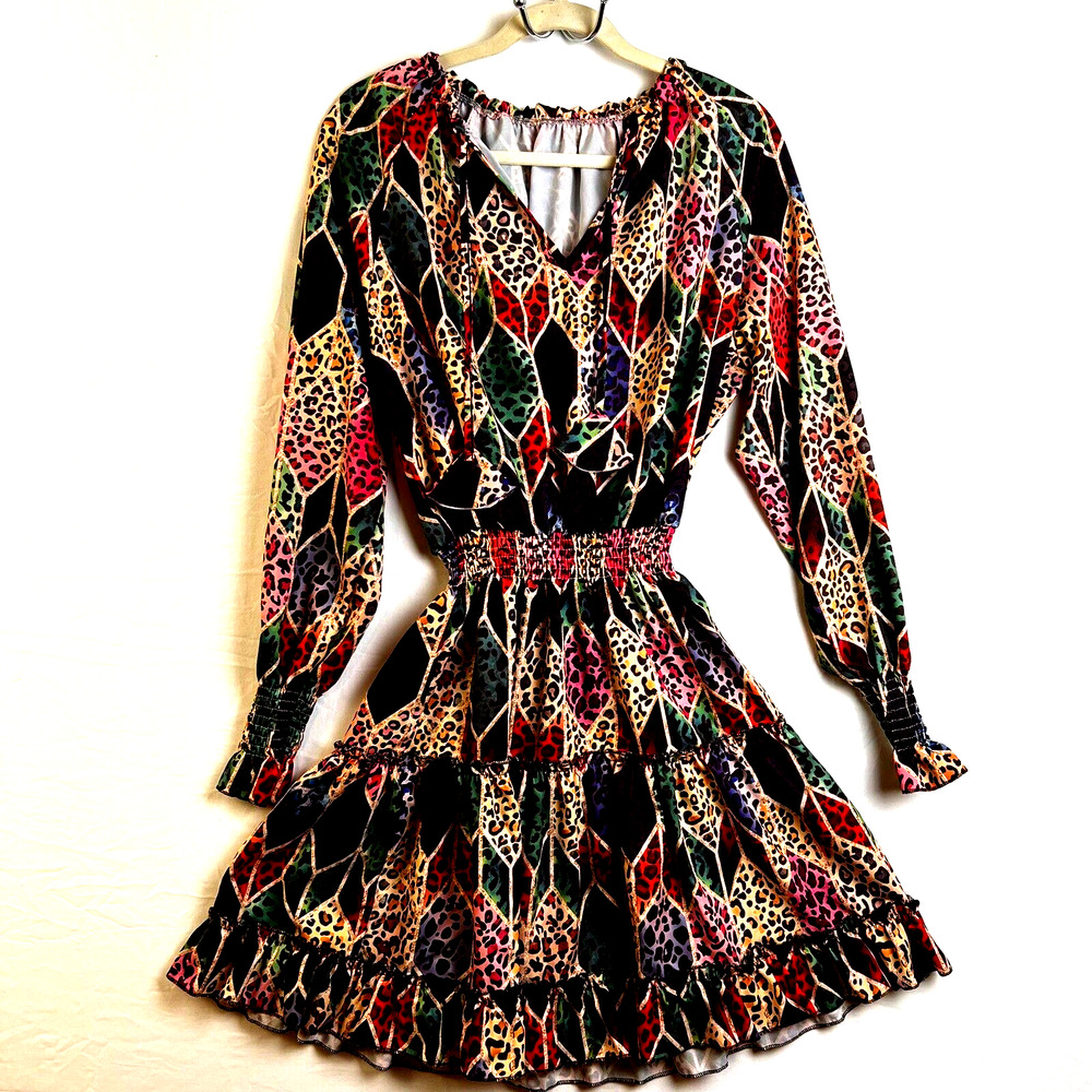 Prairie Tiered Dress Women's Small Gold Green Orange Animal Print Retro Fashion